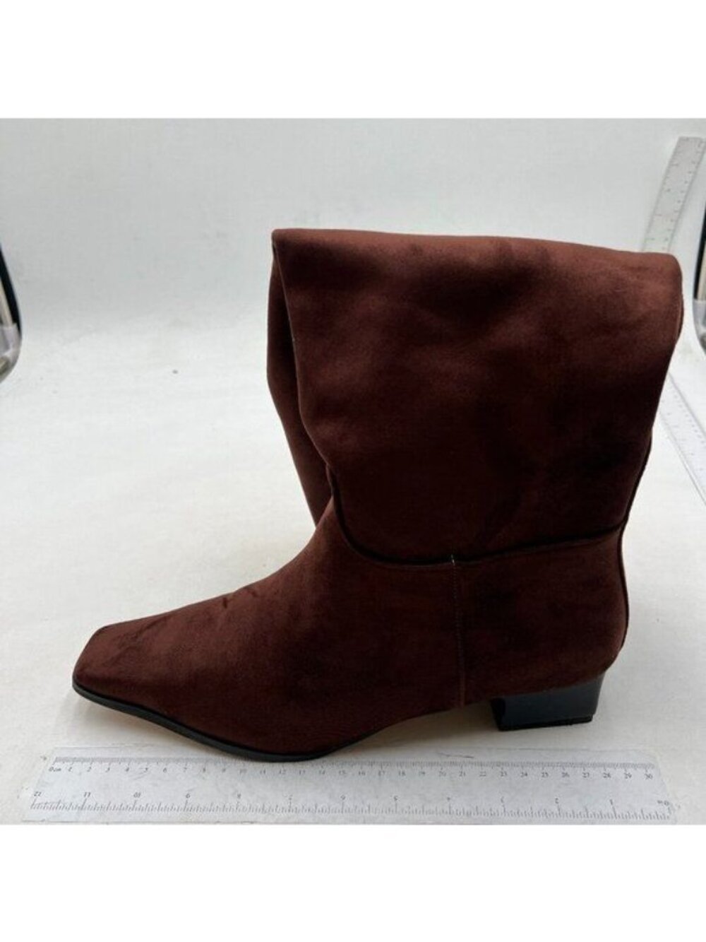 Women Closed Square Toe Knee High Boot Wide Calf Low Chunky Heels Flat Brown